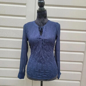 Banana Republic Womens Navy Blue Long Sleeve Blouse Semi Sheer Tie Neck Top XS